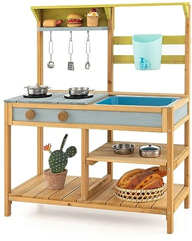 COSTWAY Matschküche Kinder Outdoor, Kinderküche Holz mit Wasserfunktion, Spielküche für Kinder mit Haken & abnehmbarem Regal, Gartenküche Geschenke für Kinder ab 3 Jahren (Modell 1)