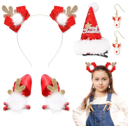 DPKOW Weihnachten Haarbänder Weihnachten Haarspangen Weihnachten Rentiergeweih Haarspangen Weihnachtsmütze Haarspange Weihnachten Ohrringe für Frauen Mädchen Hirschohren Haarbänder Weihnachten