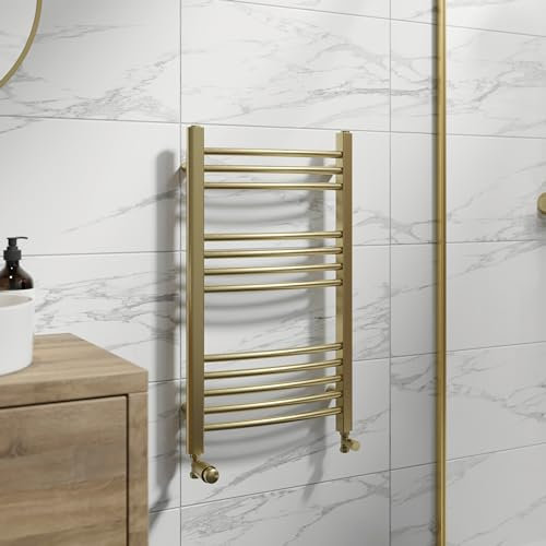 DuraTherm® 750 x 450mm Curved Heated Towel Rail Radiator Modern Central Heating Bathroom Warmer Wall Mounted Ladder Rad, Brushed Brass
