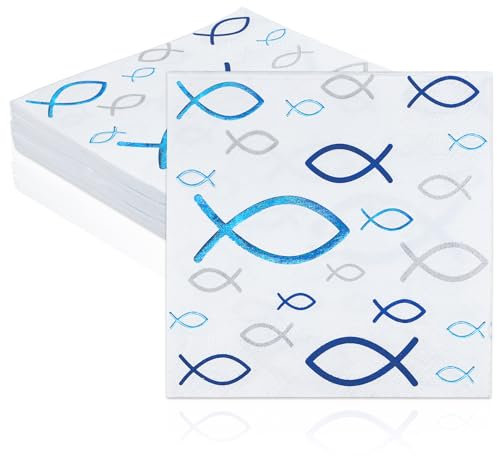 Servietten Taufe 20 Stück Fisch Blau Goldfolie Papierservietten Partygeschirr Weiß 33cm Party Serviette Taufe Dekoration für Kommunion, Konfirmation, Tischdeko