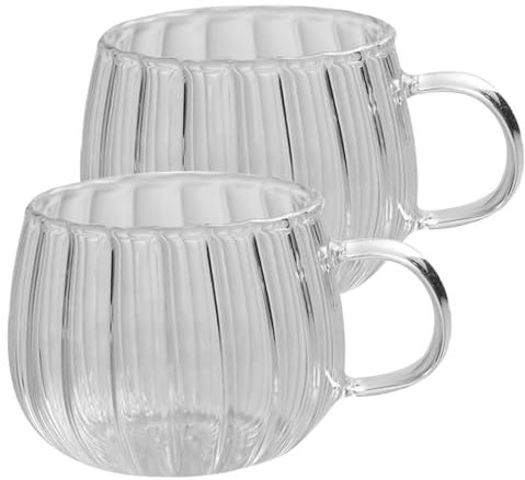 Naisicatar 2pcs Tasses à café en Verre, Tasse de Citrouille à Rayures Verticales avec Poignée, Réutilisable, Transparent, Sphérique, Décoratif, Maison, Action de Grâce