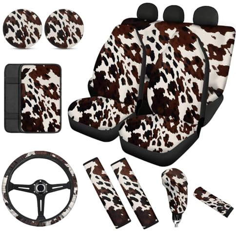 Wanyint 12 Stück Autositzbezug mit Kuh-braunem Druck, Lenkradbezug, Sicherheitsgurt, Wickelbezug, Armlehnenpolster, Handbremse, Schalthebelbezug+LKW, Vans, Limousinen, Getränkehalter, Untersetzer