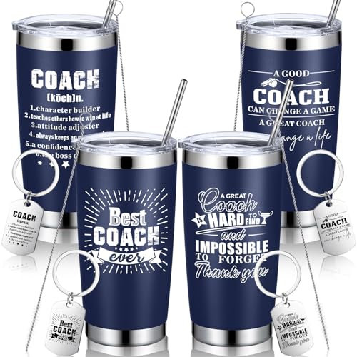 FoldTier 4 Sets Coach Gifts Best Coach Ever Stainless Steel Tumbler Coffee Mug with Keychain 20 oz Coaches Appreciation Gift Travel Tumbler for Soccer Volleyball Basketball Football Coach (Navy Blue)