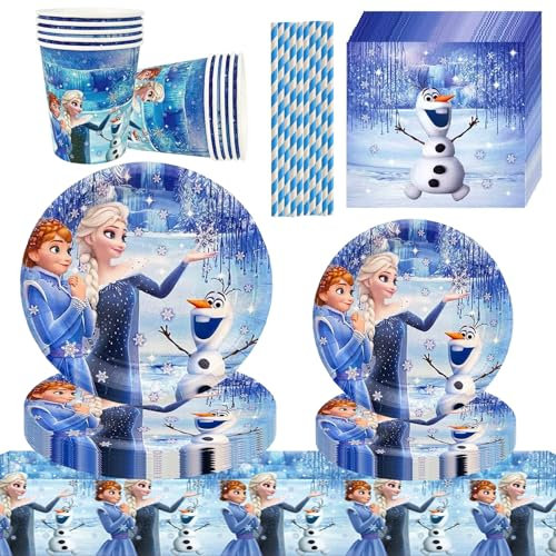 61 Stück Frozen Geburtstags Deko Partygeschirr Set, Eisprinzessin Geburtstag Partygeschirr Tableware Partyzubehör Supplies, Elsa Geburtstagsparty Deko Teller,Servietten, Becher Party Deko