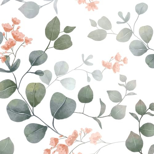 VOLEAAR Boho Peel and Stick Wallpaper Leaves Floral Wallpaper Removable Wall Paper Stick on Bedroom Bathroom Home Decorative Walls DIY Green White 44.5CM x 300CM