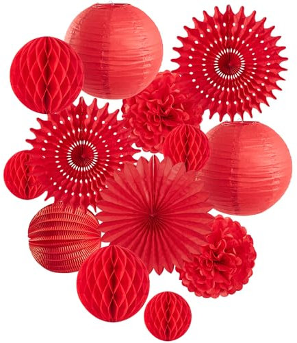 SUNBEAUTY Red Party Decoration - Tissue Pom Poms, Paper Lanterns, Honeycomb Ball for Valentines Day, Birthday Parties, Baby Showers, Weddings