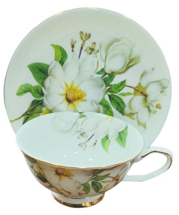 Juego de 2 tazas de té y platillo de porcelana de hueso, taza de café con patrón de flores de camelia y plato, tazas de 220 ml, camelia, 1 taza y 1 plato de 220 ml