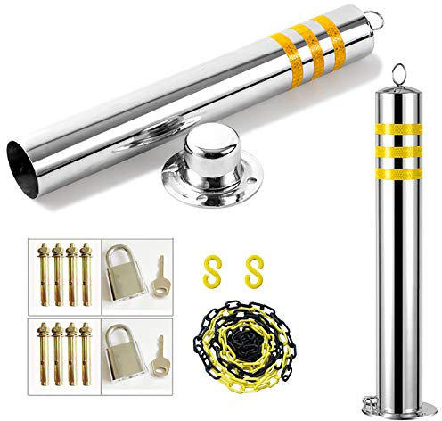 Absperrkette 5 m und 2 Sicherheitspfosten für Einfahrten, Edelstahl-Absperrung und Kunststoffketten-Set, reflektierende Bandabsperrungen mit Aufhängering (650 mm × 76 mm) (800 mm × 76 mm)