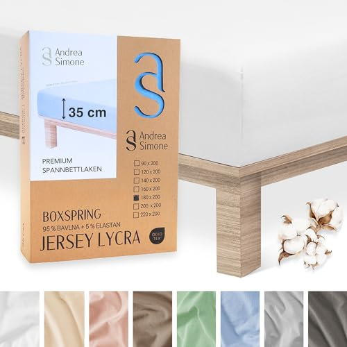 Andrea Simone Premium Spannbettlaken 160x200cm | Bettlaken 160x200 | Spannbetttücher auch für Boxspringbett, bis 35cm, 95% Baumwolle + 5% Lycra, Weiß Spannbetttuch, 185 g/m², Jersey 160 x 200