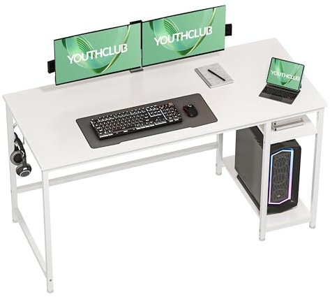 YOUTHCLUB Computer Desk, 140x60cm Office Desk with 2 Shelves, PC Desks & Workstation for Student and Worker, Study Table for Writing, Wooden Desk for Bedroom, Home, Office, (White Finish)