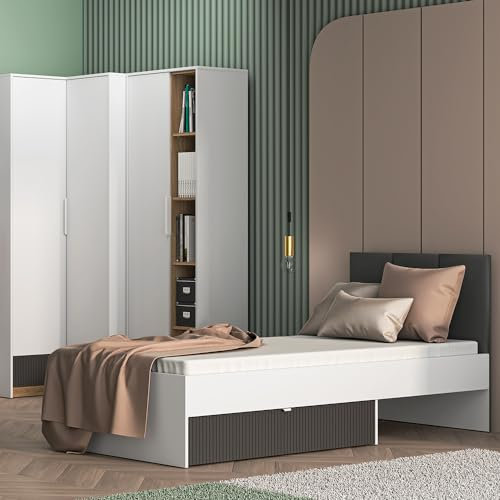 Lomadox Jugendzimmer Set mit Eckkleiderschrank, Regalschrank, Bett 90x200cm inkl. Lattenrost in weiß mit Eiche und Graphit Modern