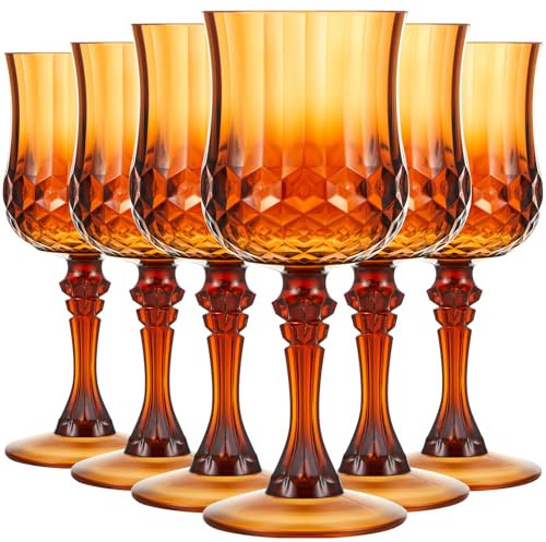 Pinkunn 6 Pcs 7 OZ Plastic Vintage Wine Glasses Reusable Colored Goblets Patterned Drinking Water Glasses Cup Dishwasher Safe for Halloween Wedding Reception Party Supplies (Amber)