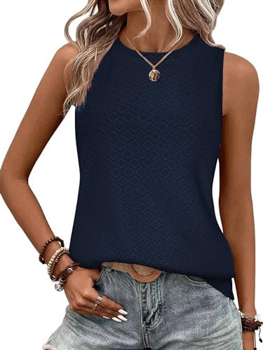 BAISHENGGT Damen Tank Tops Sommer Rundhals Ärmellos Ausgehöhlt Basic T Shirt Oberteile Dunkelblau M