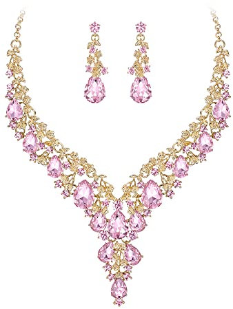 Clearine Hochzeit Schmuck-Set Tropfen Strass Cluster Statement Halskette und Ohrhänger-Set Kostümschmuck für Damen Rosa Gold-Ton