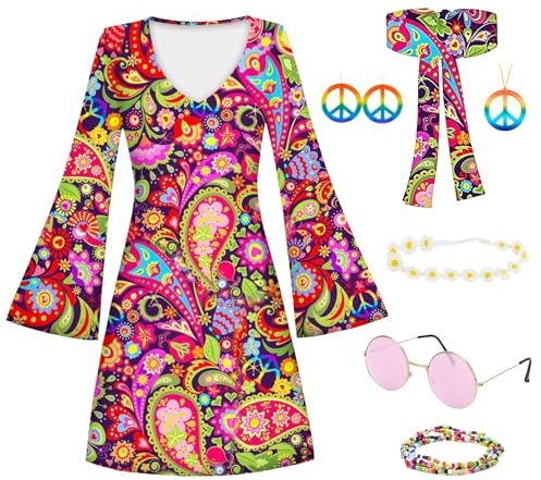 Vuemhjaey 70er Jahre Kleid Set, 60er Jahre Kostüm, Hippie Kleidung für Damen, Faschings Kostüm für Karneval Party (Stil 01, M)