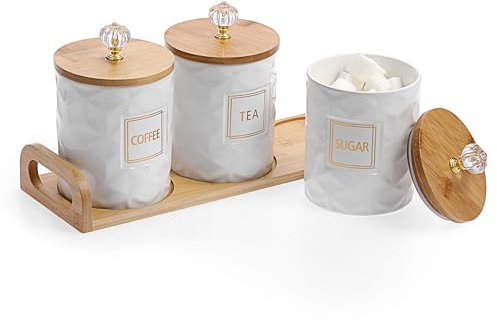 BTSKY Ceramic Sugar Coffee Tea Storage Canisters with Lid and Tray - 3pcs White Airtight Storage Containers Food Storage Jars for Farmhouse Kitchen Counter