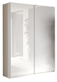möbelando Schwebetürenschrank >Salva< 2 Böden, 2 Stangen, Weiss Hochglanz/Weiss - 180x210x55cm (B/H/T)