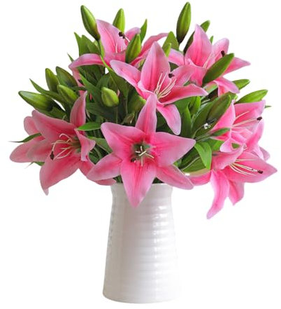 TONGMAN 6 mazzi di fiori artificiali di giglio tigre bianco al tatto, bouquet di fiori finti floreali da tavolo, centrotavola per matrimoni, casa, feste, giardino, ufficio, decorazione (polvere