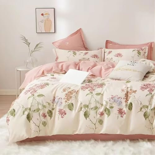 Nyescasa Housse de Couette 220x240 Fleurie Rose Feuilles Verte Floral Parure de lit Adulte 2 Personnes en Microfibre Fleurs Rose Jaune Housse Couette avec Fermeture Éclair et 2 Taies d'oreiller 65x65