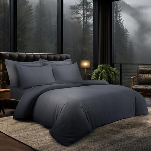 LYMA Bedding Duvet Cover Set King Plain, OEKO-TEX Certified, Ultra Soft NanoPlush Double Brushed Quick Dry Fabric, Button Closure, Wrinkle Fade Resistant Quilt Cover with Pillowcases (Dark Grey)