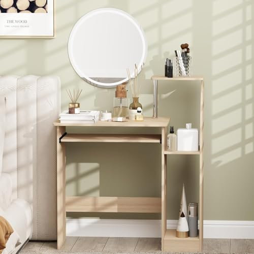 CROWNSHOP Computer Desk with Sliding Keyboard and Storage Modern Small Desk Wooden Desks & Workstations for Home Office Bedroom Natural Color 90 * 80 * 40CM