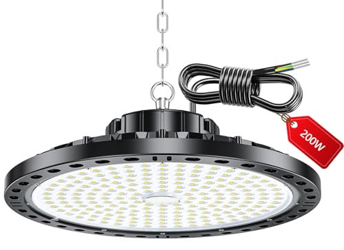 LAMLAMCK UFO Focos LED Techo - 200W 20000LM Lampara Industrial Techo con Transformador LED, IP65 Impermeable 6500k Blanco Frío Luces de Garaje para Garaje, Fábrica, Taller, Granero, Tienda
