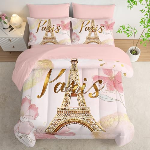 AILONEN Paris Eiffelturm-Bettwäsche-Set für Doppelbett, 7-teilig, Batik-Blume, rosa Bett in einer Tasche für Mädchen und Frauen, weiche Bettdecke und Spannbetttuch mit Bettlaken, 2 Kissenbezüge, 2