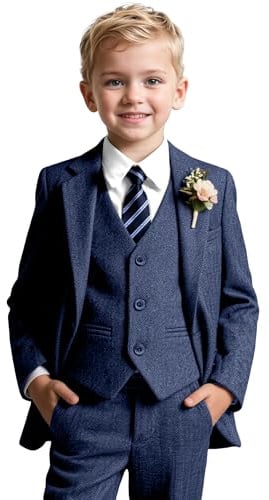 Retro Boy's Tweed Suits Herringbone Tuxedo Prom Suits for Kids,Blue,Size 8