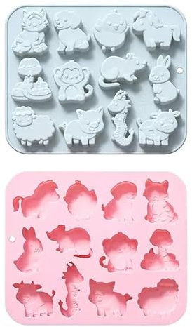 2 stampi in silicone animale, 12 simpatici stampi da forno a tema animali della fattoria per cioccolato, cubetti di ghiaccio, torte, dessert, caramelle, mousse, pasticcini, sapone fatto a mano,
