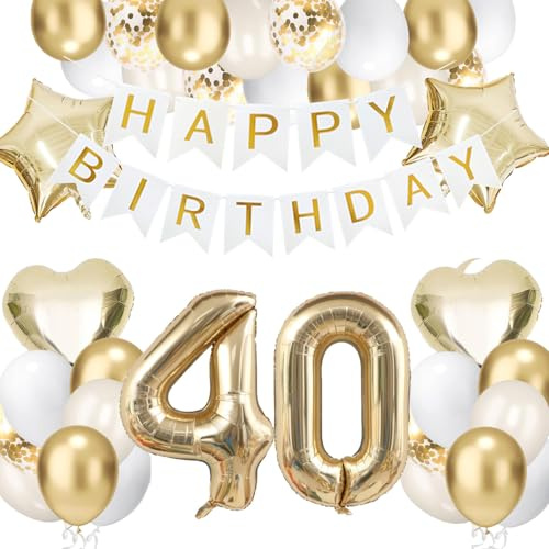 40 Geburtstagsdeko Gold, Folienballon 40 Happy Birthday Banner Hellgold Stern Herz Luftballons Sandweiß Gold Geburtstag Deko Konfetti Balloons fü Jahre Männer Frauen