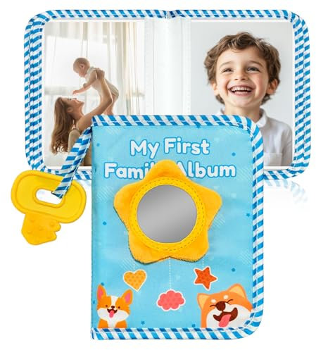 BOHEMIABY Bio-Baumwolle Baby Fotoalbum Stoff | mit Latex-Anhänger und Sicherheitsspiegel als Erinnerungsalbum | Unterbringen 10x15 cm Foto| Fotoalbum Junge Mädchen Baby Geschenk (Welpe)