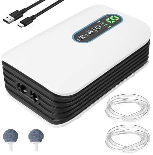 Bomba de aire para acuario, bomba de oxígeno, batería de 4800 mAh, doble salida (5 l/min), flujo de aire ajustable de 6 niveles, ultrasilenciosa USB para acuarios, estanques de jardín, cortes de