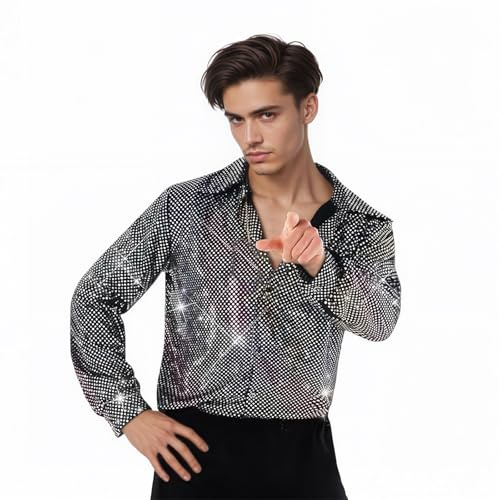 Herren Langarm Pailletten Kleid Metallic Glitzer Hemd 70er Disco Party Kustüm Herrenhemd Top für Männer, Glänzend Shirts Kleid Durchsichtig Nachtclub Oberteil Festival Outfit