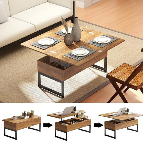 Manora Multi‑Functional Lift Top Coffee Table Convertible to Dining Table or Workstation for Living Room,Home Office, Compact Design with Hidden Storage, Brown