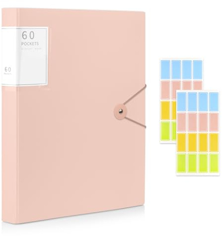 A4 Display Folder, 60 Pockets Display Book Folders, Presentation Folders with Plastic Sleeves & Safety Rope, Suitable for Documents, School, Office & Business Project Use (Pink)