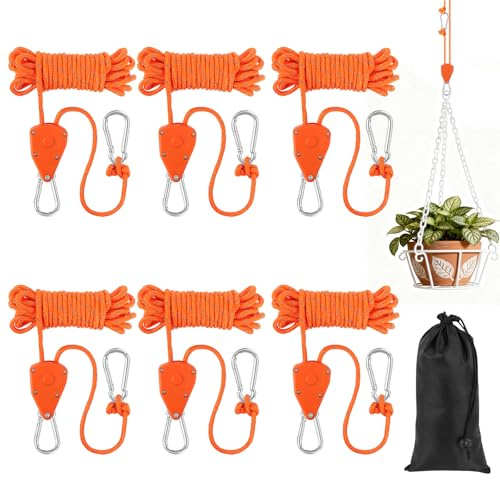 NUTKIT 6PCS Tent Guy Ropes, 4mm Ratchet Guy Ropes with Storage Bag(Orange) | 4 M Portable Adjustable Fix Camping Rope with Rope Tensioner, Tent Guide Guyline Ropes For Camping, Hiking, Awning
