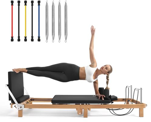 Pilates Reformer zusammenklappbar 88 Zoll (224 cm) | Fitnessgerät für Zuhause mit Jumpboard | Upgrade Holzoptik | Duales Widerstandssystem (Federn + Latexbänder) | Für Homegym, Frauen & Männer