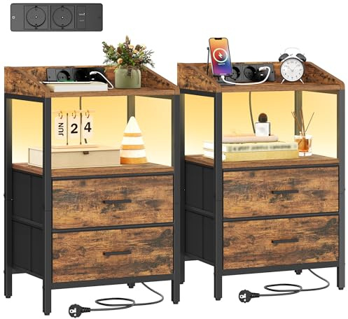 Hzuaneri Comodini Set di 2, con Luci LED e presa elettrica, Marrone Vintage
