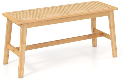 FANTASK Esszimmerbank aus Bambus, Sitzbank ohne Lehne mit handgewebtem Rattansitz, Küchenbank bis 300 kg, Essbank für Flur, Küche, Esszimmer & Schlafzimmer, 100 x 35 x 45 cm