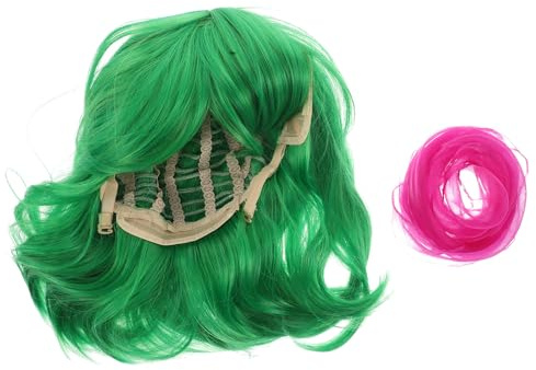 minkissy Charmante Grüne Kurzhaar Perücke mit Buntem Schal Kinder Cosplay Kostüm Perücke für Rollenspiele Halloween Bühnenauftritte