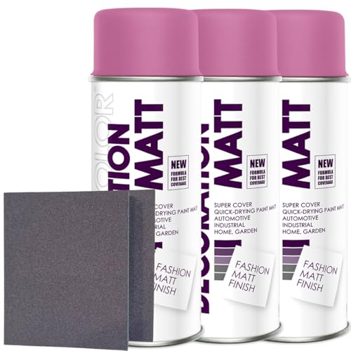 Craft-Equip DC 3er Sparpack Lackspray nach RAL in 400ml zur Lackierung von Auto Stahl Aluminium Beton Holz und 2 Stück Schleifpads (3 Dosen in pink MATT RAL 4003 + 2 Stück Schleifschwamm)