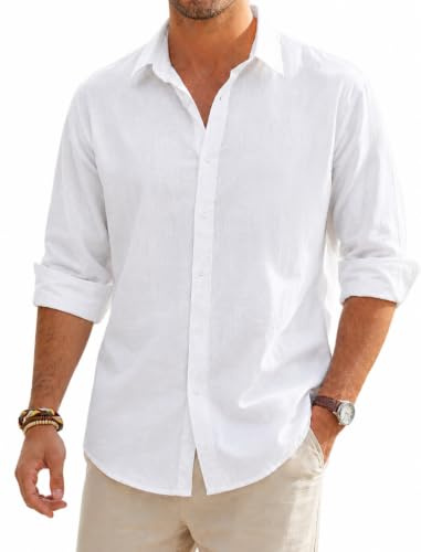 SEAYIJIA Camisa para Hombre Manga Larga, Camisa Informal de Lino-Algodón, Corte Estándar, Parte Superior Casual de Negocios, Ideal para Vacaciones Playa Verano, Blanco M