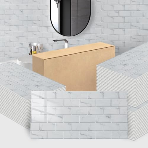 Trafagala 30Pcs Brick White Marble Tiles 60x30cm Thicken Self Adhesive Wall Tiles Waterproof Peel and Stick on Vinyl Tiles Stickers for Living Room Bedroom Bathroom Kitchen Splashback Panel Covering