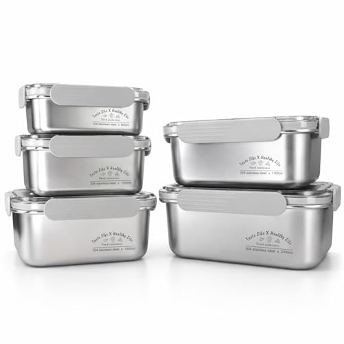 FOLAI 5-Pack Stainless Steel Meal Prep Containers, Food Storage with Snap Locking Lids, for Lunch Bento Box, Picnic and Travel，Freezer and Dishwasher(650ml+1000ml+1300ml+1600ml+2400ml)