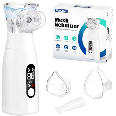 NebuLiva Nebulizador Portátil para Adultos y Niños | Pantalla digital inteligente, Función autolimpiable, Recargable, Silencioso, Incluye 2 mascarillas y 1 boquilla
