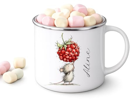 Personalisierte Emaille Tasse für Kinder mit Namen, Becher für Kindergarten & Schule, 5 Süße Maus Motive, Beidseitig Bedruckt, Geschenk zum Geburtstag & Frühstück (Maus, Himbeere)