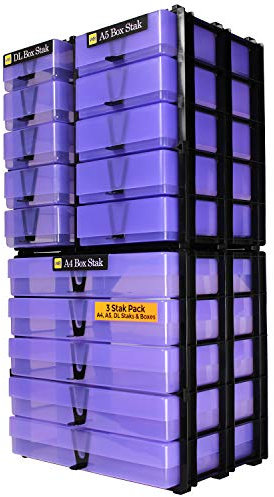 WestonBoxes Drawer Stak Storage Units, 3 Stackable units A4, A5 & DL Crafting Storage Solution including boxes (Purple)