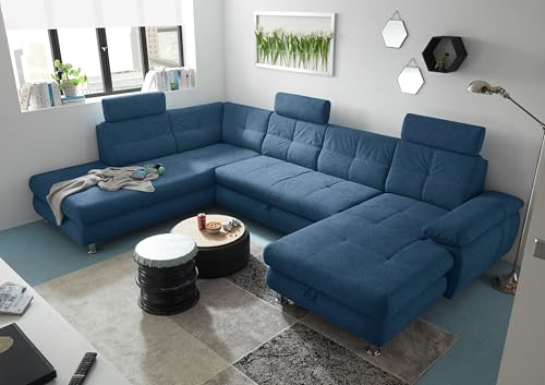 Stella Trading ALBA Wohnlandschaft in U-Form, Stoffbezug Dunkelblau - Ausziehbares Sofa mit Schlaffunktion & Bettkasten - 349 x 88 x 233 cm (B/H/T)
