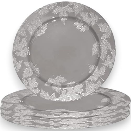 Aurora Store 12 Sottopiatti Bordo Foglie Pungitopo Colore Argento in plastica Rigida Tondo 33 cm Natale cenone sotto Piatto Natalizio Capodanno Natale Cena Aperitivo
