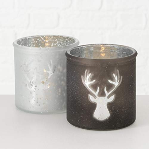 Windlicht Kerzenhalter Teelichthalter Motiv Hirsch grau Silber weiß 2er Set